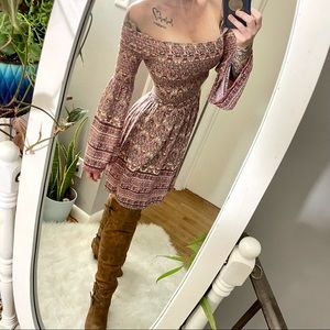 Xhilaration Shirred BOHO Bohemian Pink Bell Sleeve Size Small Dress